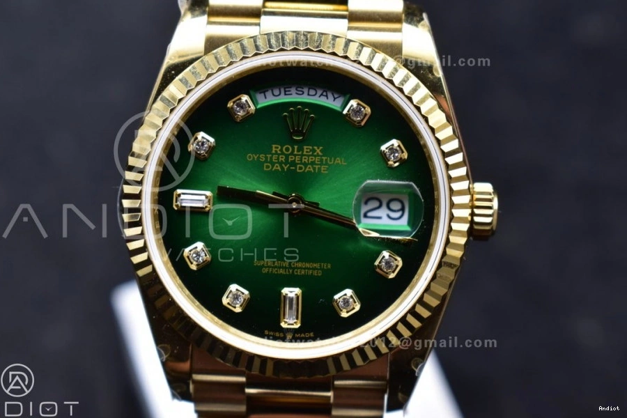 Faded with Square V5 DayDate 904L Diamond vr3255 Steel on YG 692 President Bracelet Reliable Best Edition Green 36 Dial (Gain Weight) QF 0718